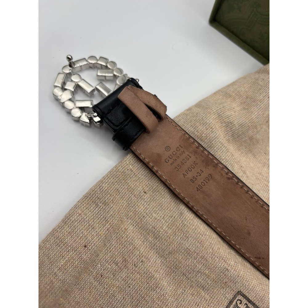 Gucci‎ Authentic Crystal Interlocking G Black Leather Logo Belt 85.34 Made Italy - Picture 4 of 10
